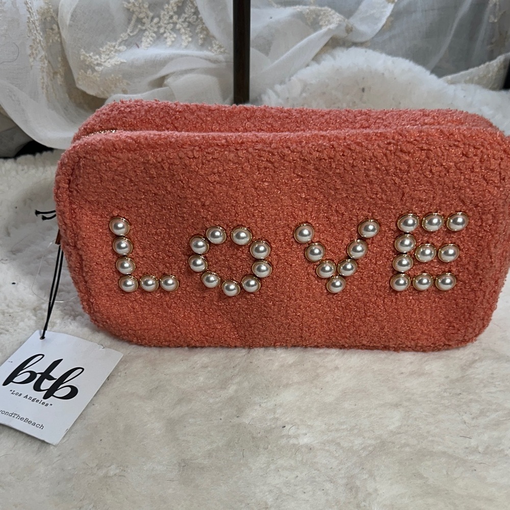 btb Los Angeles salmon color faux pearl LOVE makeup bag